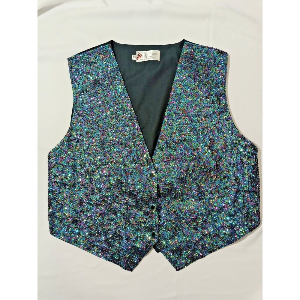 Vintage JC 001 USA Sequin Vest XL 38 Peacock Iridescent Stage Performance Disco